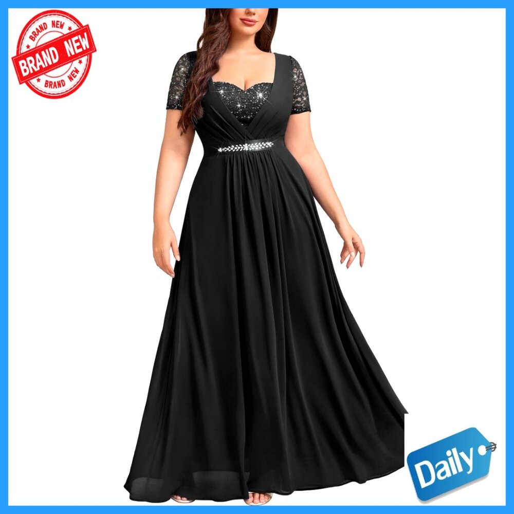 Plus Size Sequin Lace Chiffon Formal Dress With V-Neck Rhinestone Waist